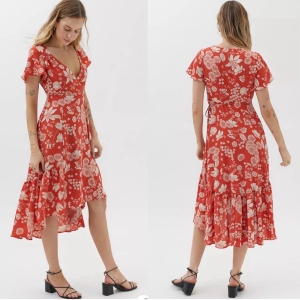 URBAN OUTFITTERS Womens Daphne Orange Floral Wrap Midi Dress Size Small